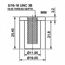 画像をギャラリービューアに読み込む, ENGINEERING DRAWING SHOWING THE DIMENIONS OF 5/16" 18TPI UNC SLIM TOP HAT STEEL WELD IN BUNG. ALL DIMENSIONS ARE IN MM.