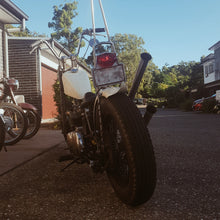 Load image into Gallery viewer, G-Wizz Cycles Alloy cast licence plate holder to suit lucas taillight fitted to a Triumph Chopper
